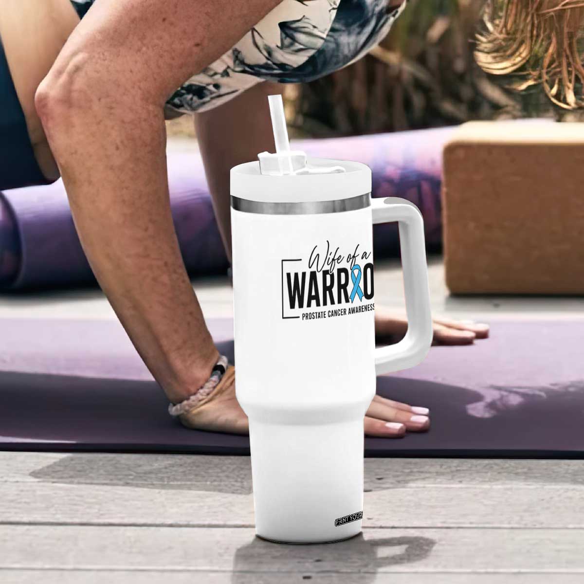Wife Of A Warrior Prostate Cancer Awareness Tumbler With Handle Blue Ribbon Graphic