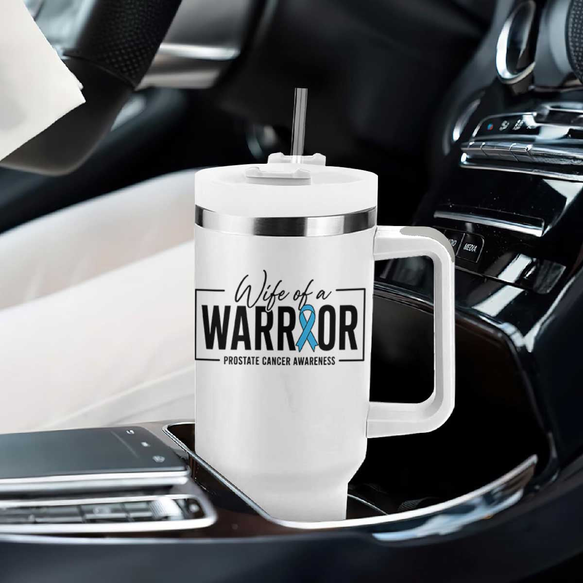 Wife Of A Warrior Prostate Cancer Awareness Tumbler With Handle Blue Ribbon Graphic