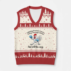 Funny Prostate Cancer Awareness Rooster Graphic V-Neck Knit Sweater Vest Going Through Chemo Still This Sexy