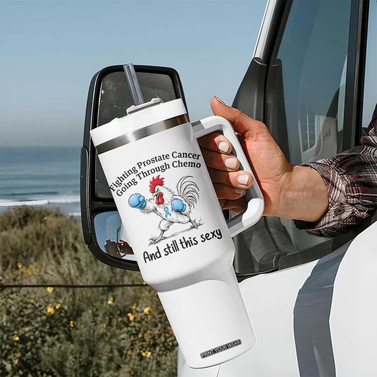 Funny Prostate Cancer Awareness Rooster Graphic Tumbler With Handle Going Through Chemo Still This Sexy