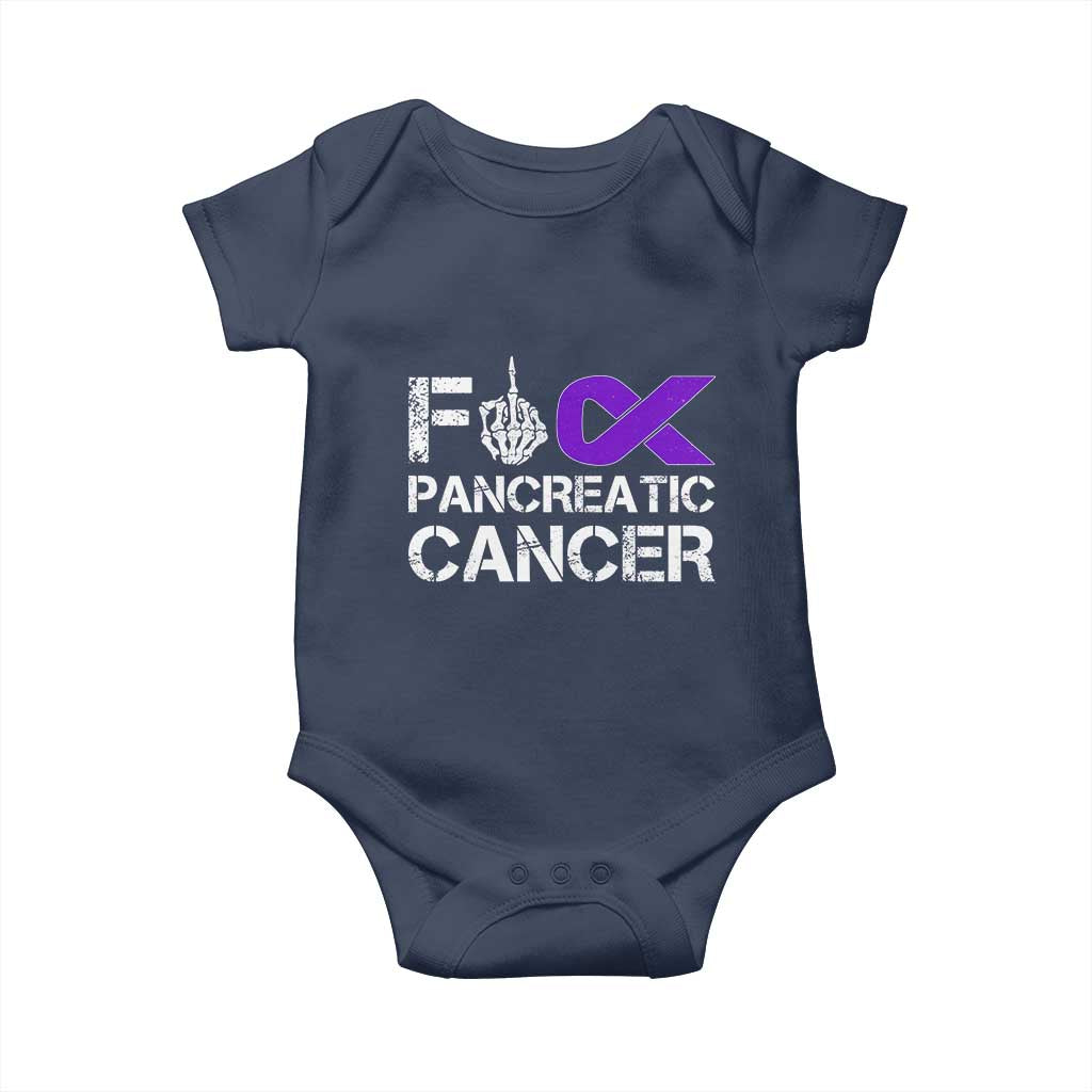 Fck Pancreatic Cancer Baby Onesie Purple Ribbon Skeleton Hand Graphic