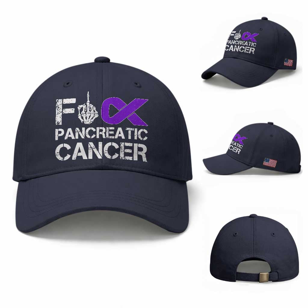 Fck Pancreatic Cancer Baseball Cap Purple Ribbon Skeleton Hand Graphic