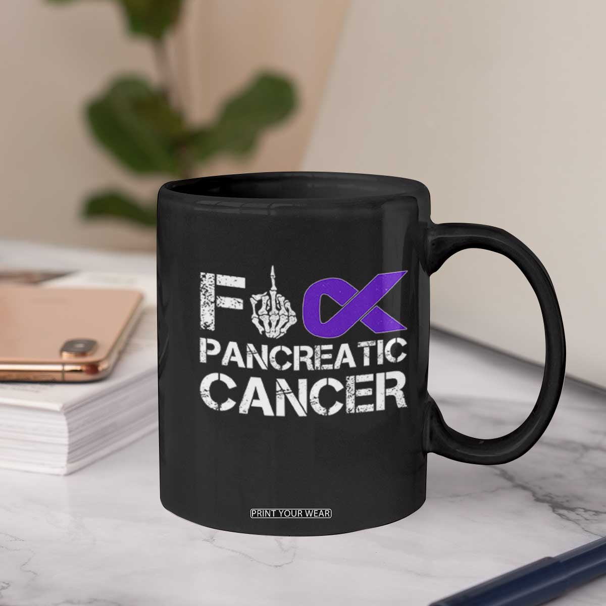 Fck Pancreatic Cancer Coffee Mug Purple Ribbon Skeleton Hand Graphic