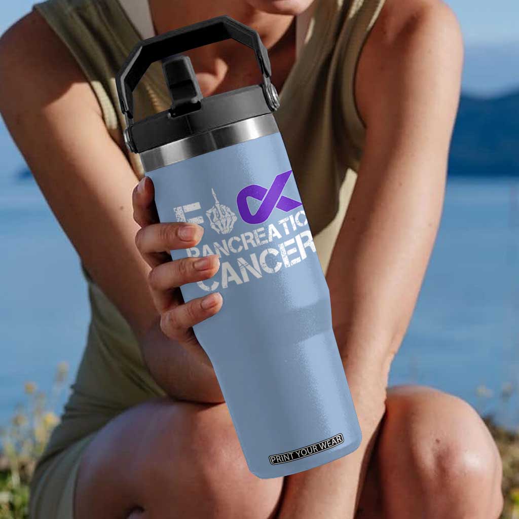 Fck Pancreatic Cancer Flip Straw Tumbler Purple Ribbon Skeleton Hand Graphic