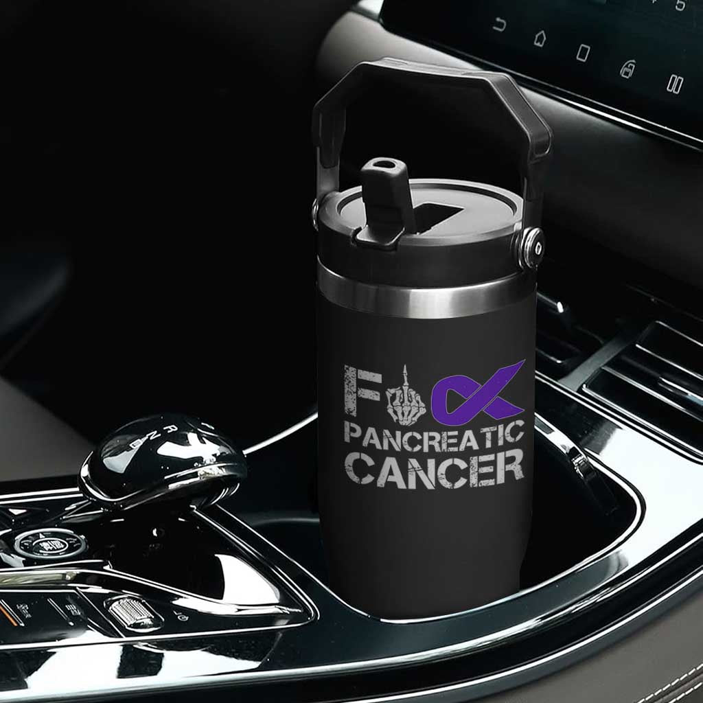 Fck Pancreatic Cancer Flip Straw Tumbler Purple Ribbon Skeleton Hand Graphic