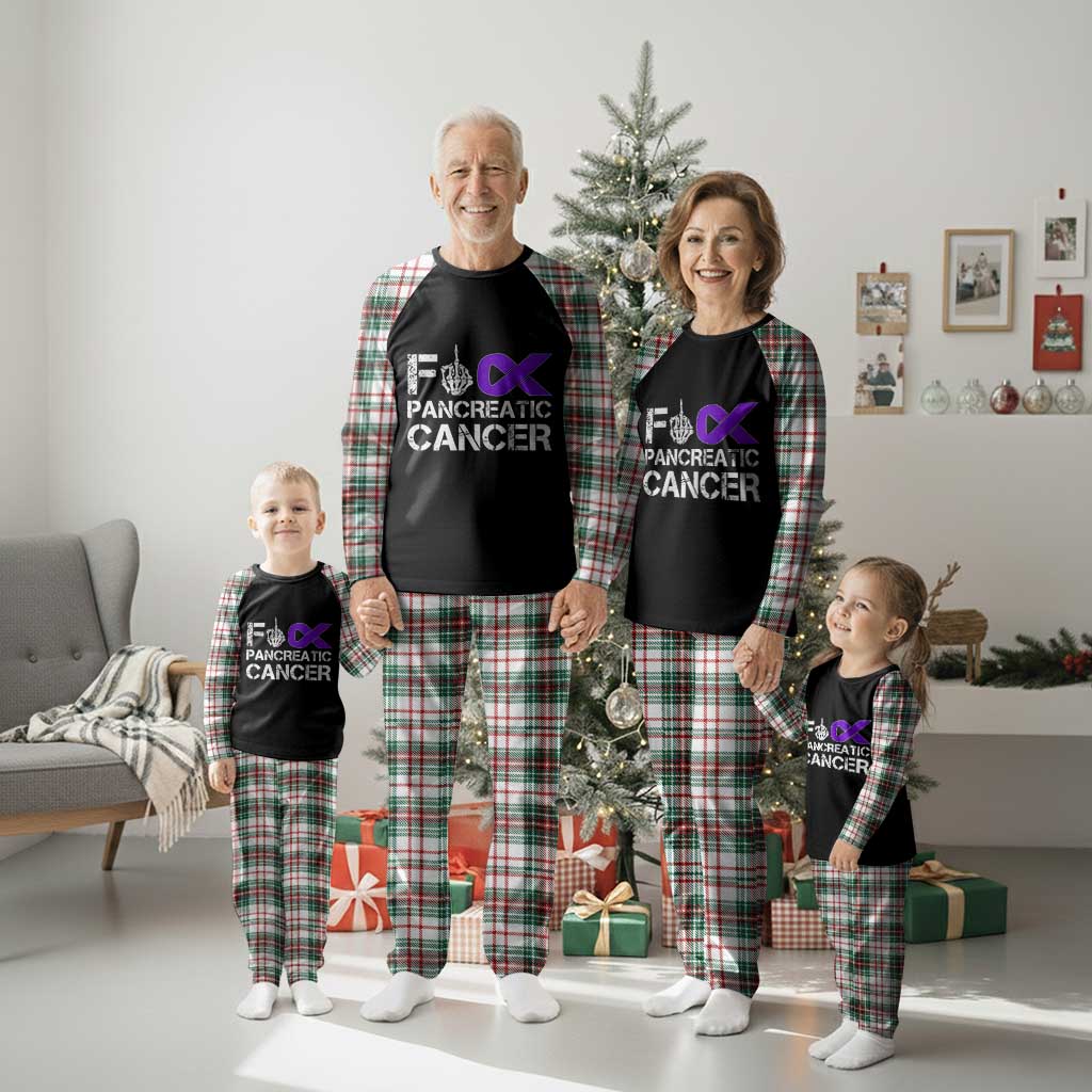 Fck Pancreatic Cancer Plaid Pajama Set Purple Ribbon Skeleton Hand Graphic