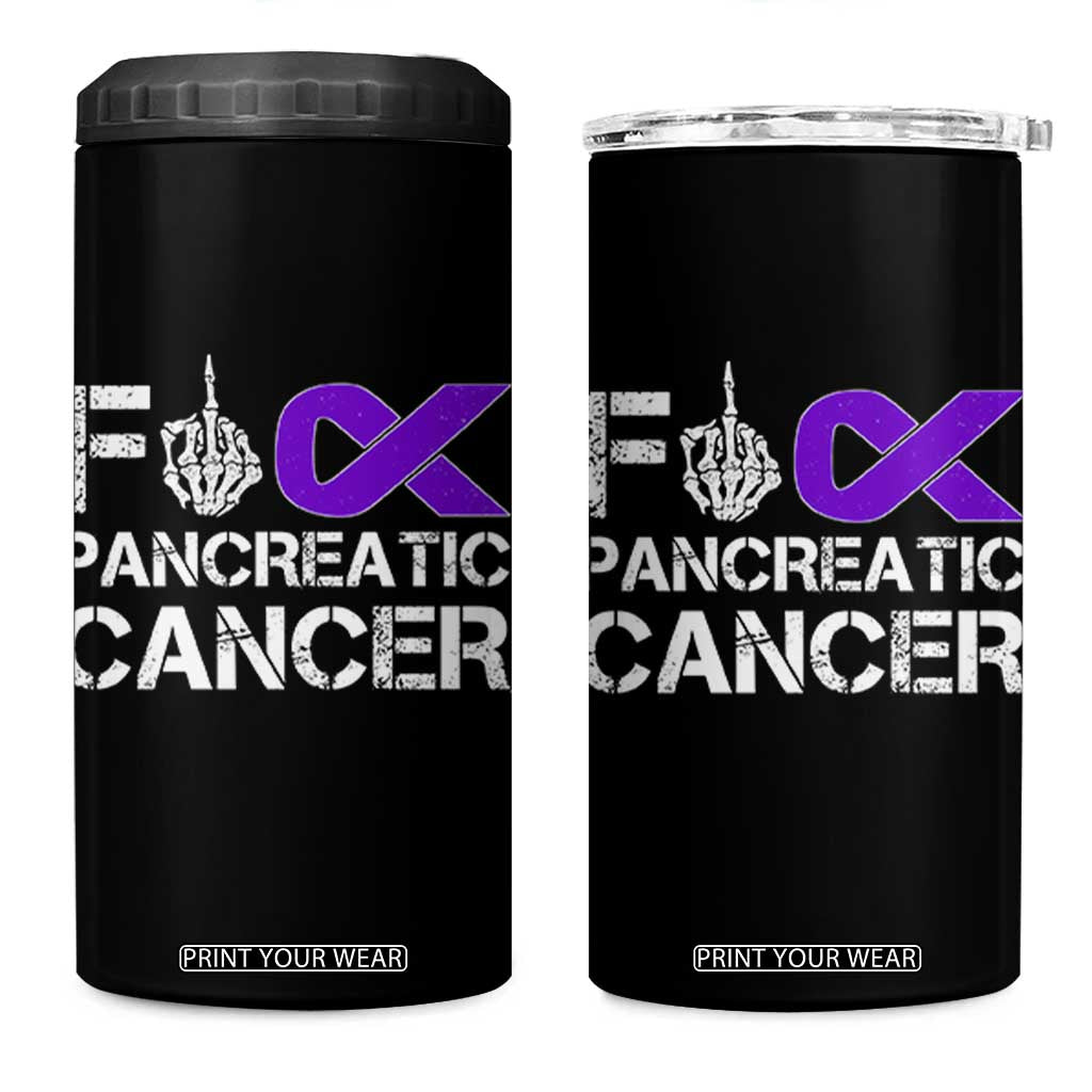 Fck Pancreatic Cancer 4 in 1 Can Cooler Tumbler Purple Ribbon Skeleton Hand Graphic