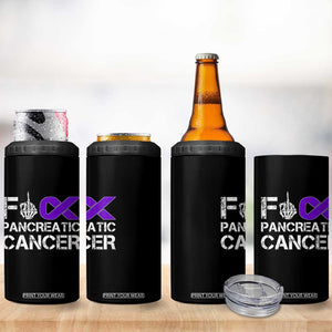 Fck Pancreatic Cancer 4 in 1 Can Cooler Tumbler Purple Ribbon Skeleton Hand Graphic