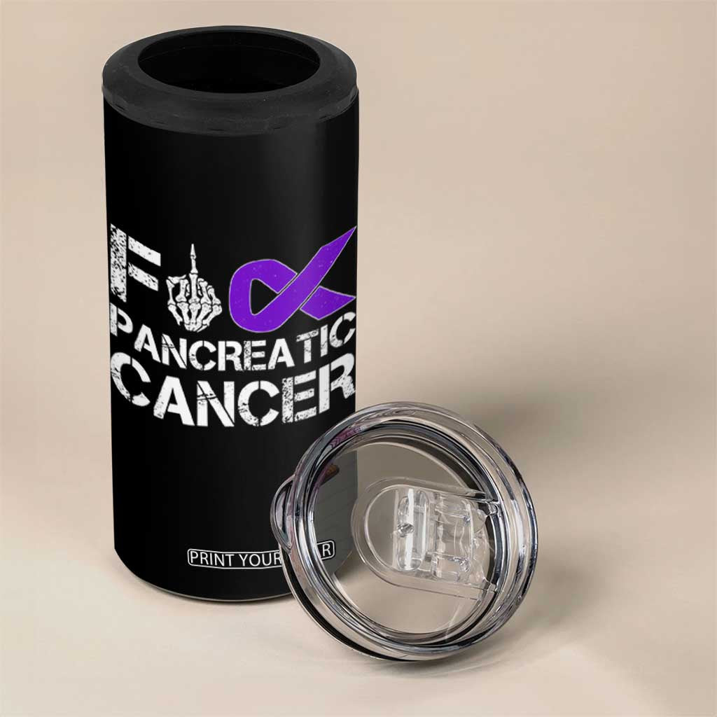 Fck Pancreatic Cancer 4 in 1 Can Cooler Tumbler Purple Ribbon Skeleton Hand Graphic