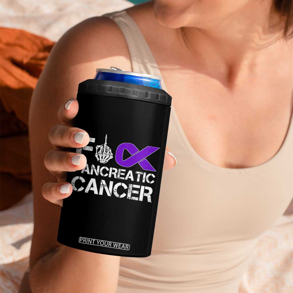 Fck Pancreatic Cancer 4 in 1 Can Cooler Tumbler Purple Ribbon Skeleton Hand Graphic