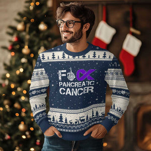 Fck Pancreatic Cancer Ugly Christmas Sweater Purple Ribbon Skeleton Hand Graphic