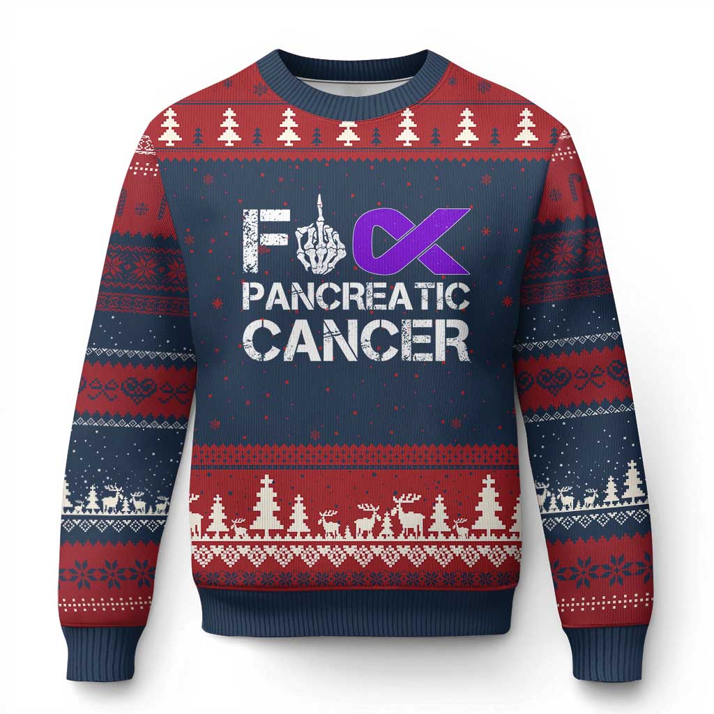 Fck Pancreatic Cancer Ugly Christmas Sweater Purple Ribbon Skeleton Hand Graphic