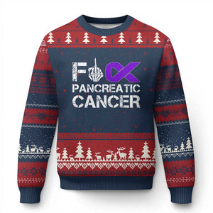 Fck Pancreatic Cancer Ugly Christmas Sweater Purple Ribbon Skeleton Hand Graphic