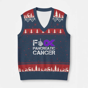Fck Pancreatic Cancer V-Neck Knit Sweater Vest Purple Ribbon Skeleton Hand Graphic