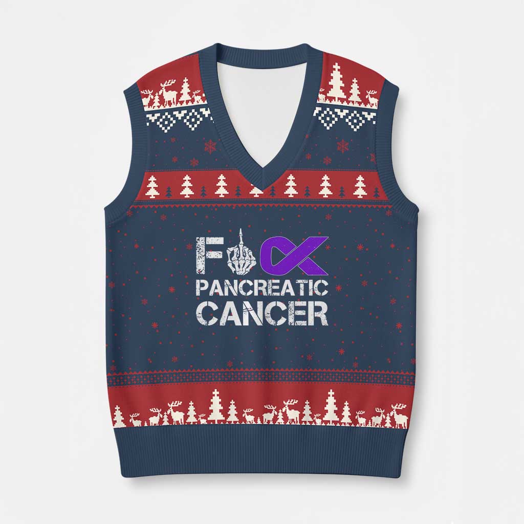 Fck Pancreatic Cancer V-Neck Knit Sweater Vest Purple Ribbon Skeleton Hand Graphic TS10 Navy Red Print Your Wear