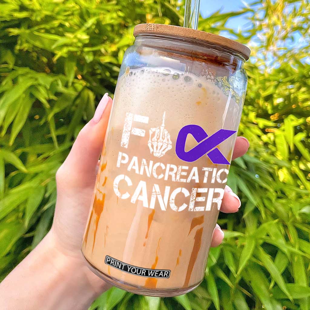 Fck Pancreatic Cancer Glass Can Purple Ribbon Skeleton Hand Graphic