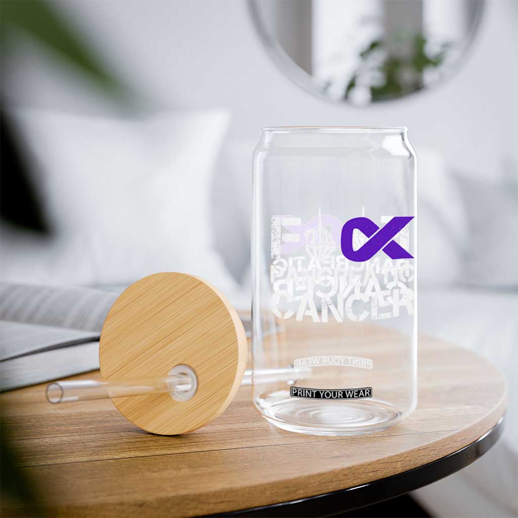 Fck Pancreatic Cancer Glass Can Purple Ribbon Skeleton Hand Graphic