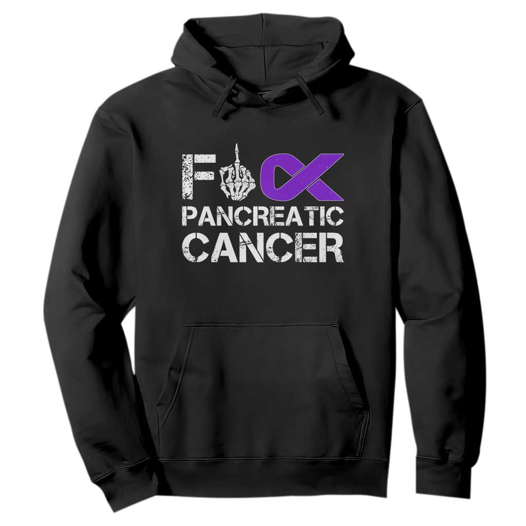 Fck Pancreatic Cancer Hoodie Purple Ribbon Skeleton Hand Graphic