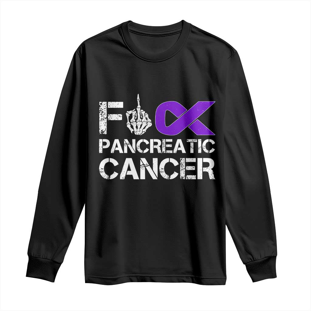 Fck Pancreatic Cancer Long Sleeve Shirt Purple Ribbon Skeleton Hand Graphic TS10 Black Print Your Wear