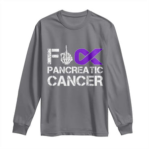 Fck Pancreatic Cancer Long Sleeve Shirt Purple Ribbon Skeleton Hand Graphic