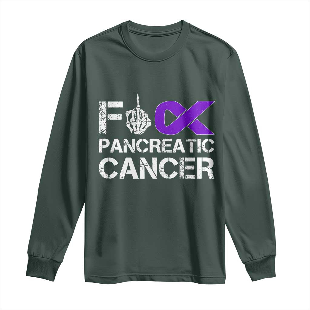 Fck Pancreatic Cancer Long Sleeve Shirt Purple Ribbon Skeleton Hand Graphic