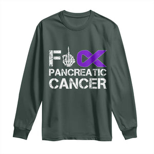 Fck Pancreatic Cancer Long Sleeve Shirt Purple Ribbon Skeleton Hand Graphic