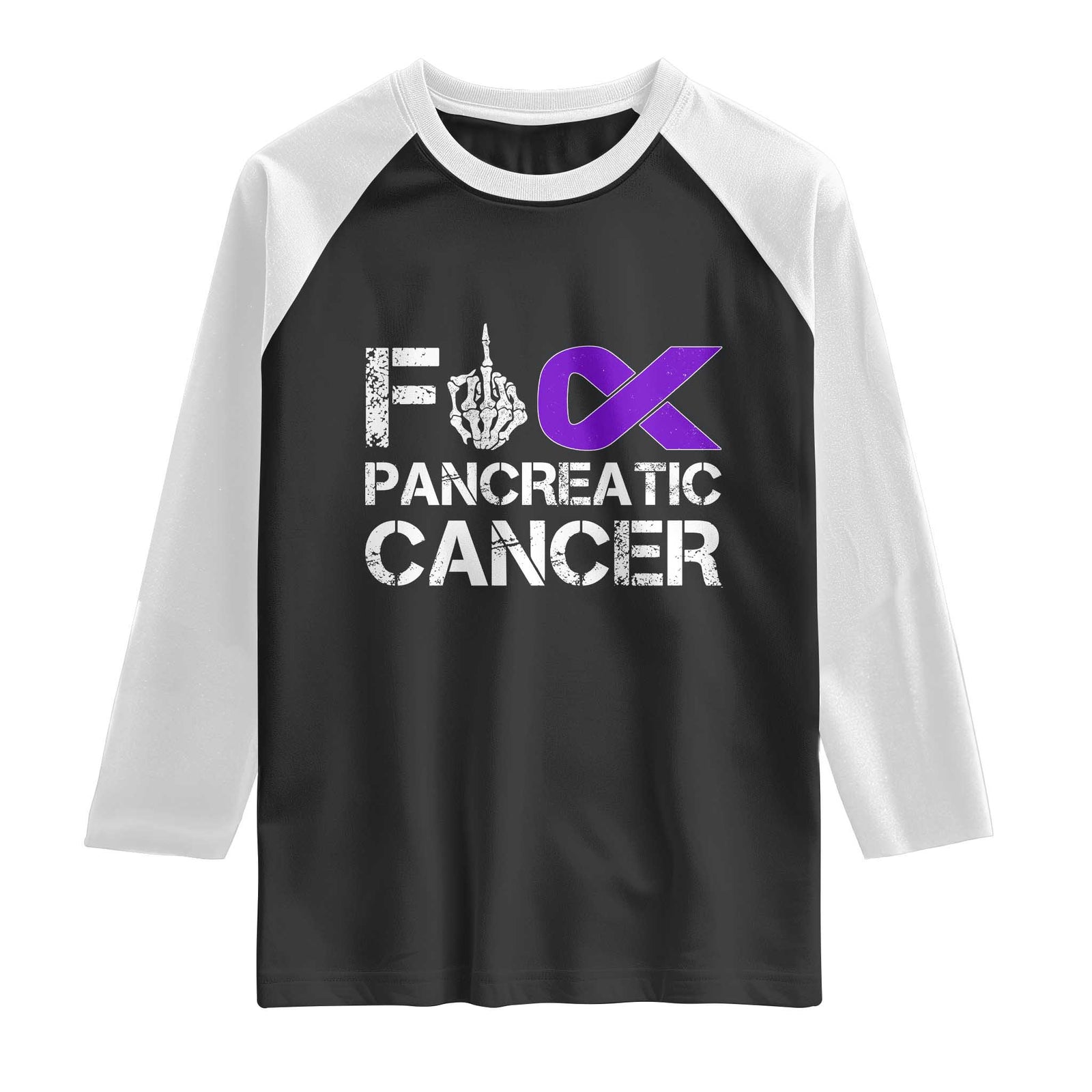 Fck Pancreatic Cancer Raglan Shirt Purple Ribbon Skeleton Hand Graphic TS10 Black White Print Your Wear