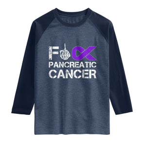 Fck Pancreatic Cancer Raglan Shirt Purple Ribbon Skeleton Hand Graphic