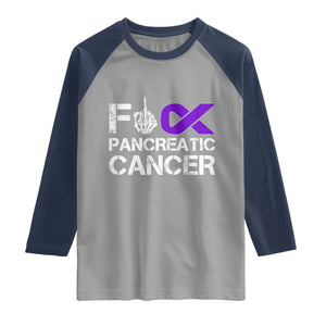 Fck Pancreatic Cancer Raglan Shirt Purple Ribbon Skeleton Hand Graphic