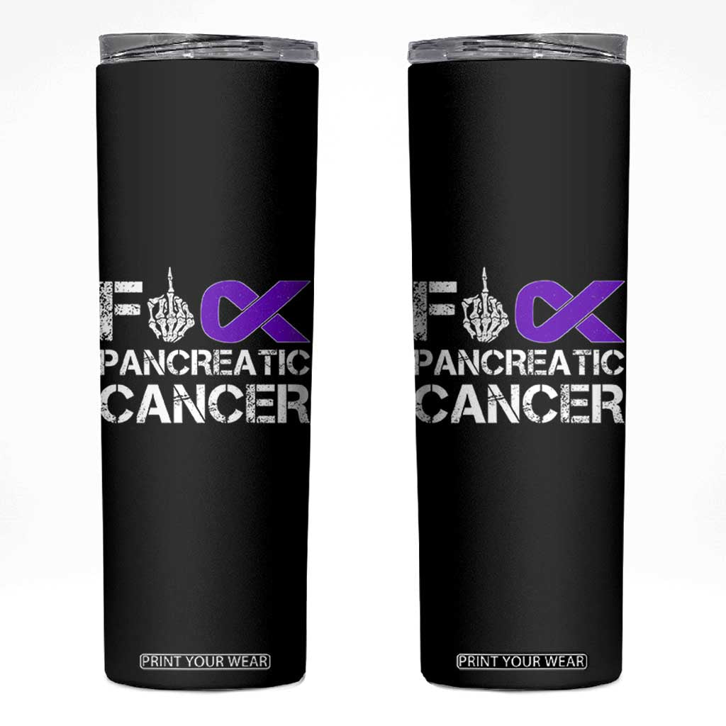 Fck Pancreatic Cancer Skinny Tumbler Purple Ribbon Skeleton Hand Graphic