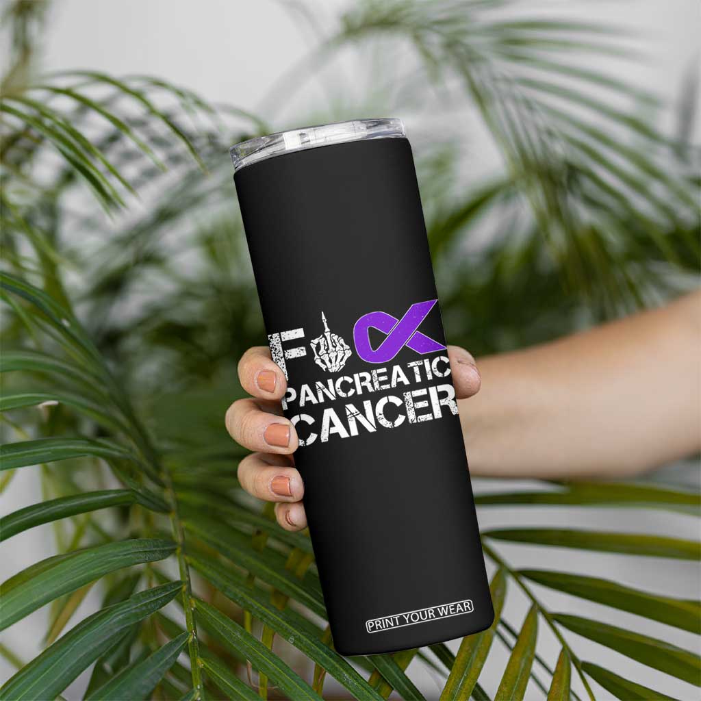 Fck Pancreatic Cancer Skinny Tumbler Purple Ribbon Skeleton Hand Graphic