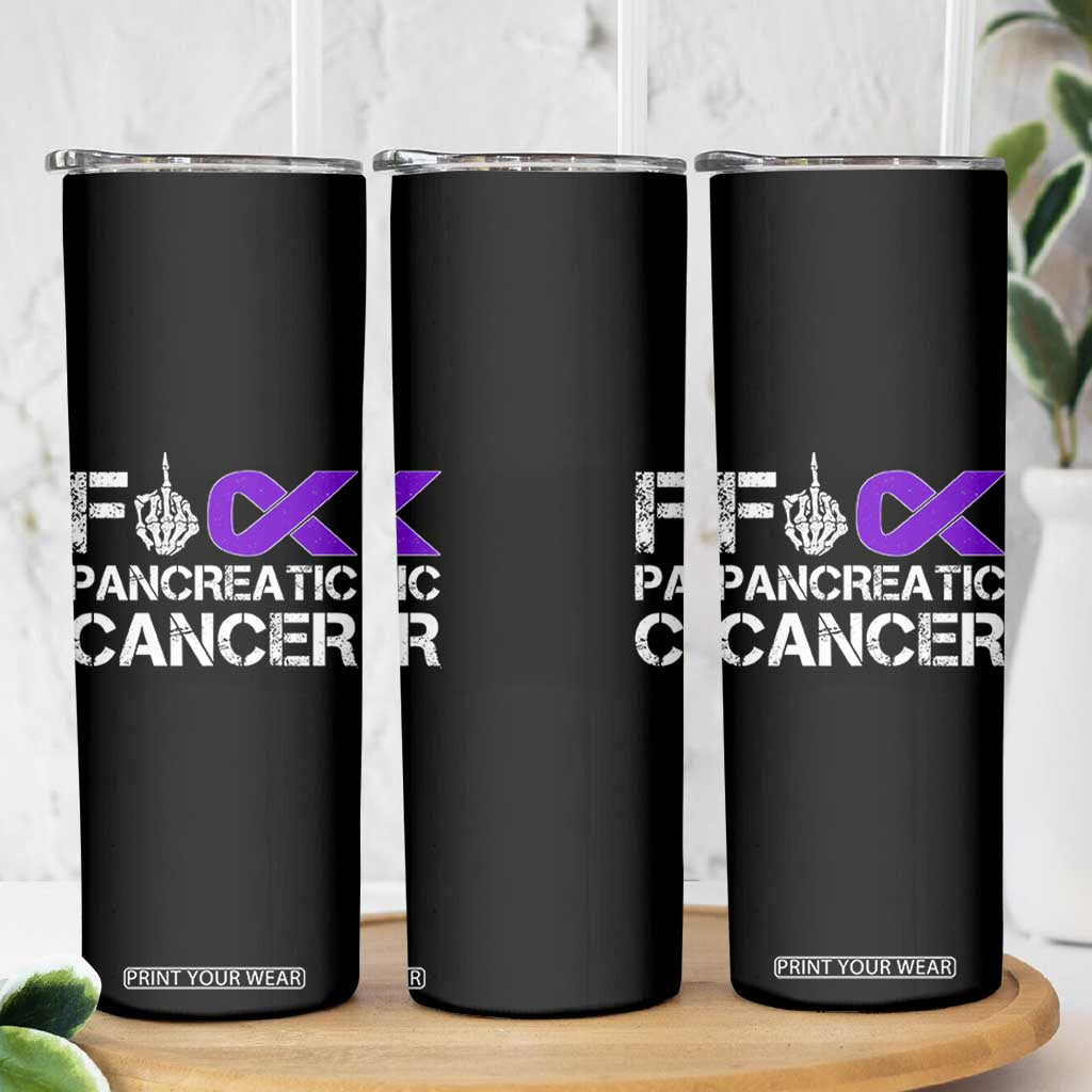 Fck Pancreatic Cancer Skinny Tumbler Purple Ribbon Skeleton Hand Graphic