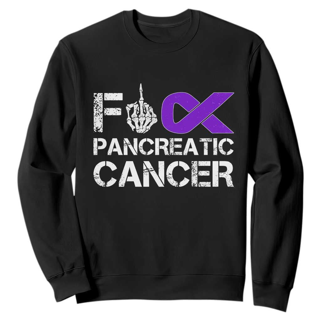 Fck Pancreatic Cancer Sweatshirt Purple Ribbon Skeleton Hand Graphic