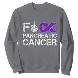 Fck Pancreatic Cancer Sweatshirt Purple Ribbon Skeleton Hand Graphic