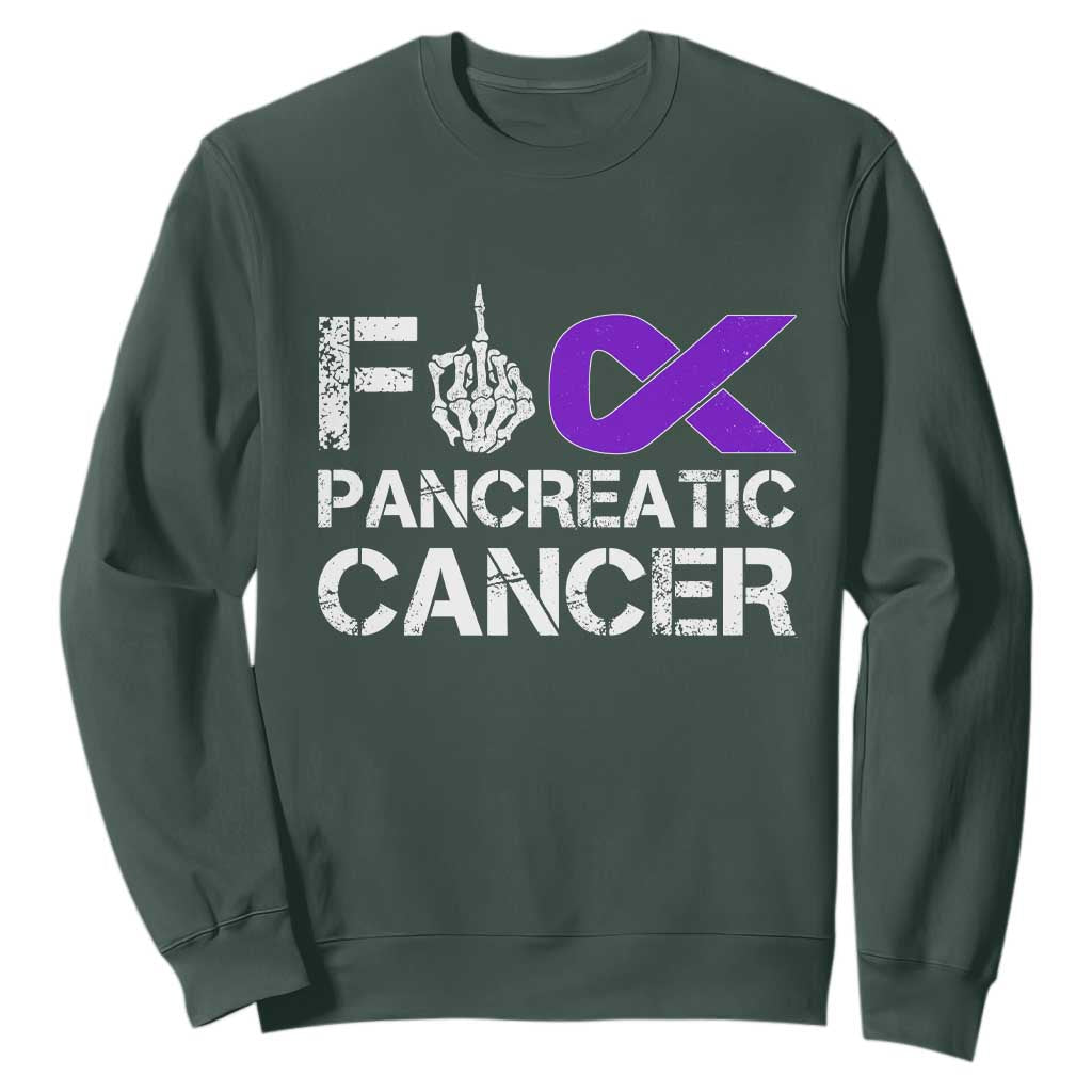 Fck Pancreatic Cancer Sweatshirt Purple Ribbon Skeleton Hand Graphic