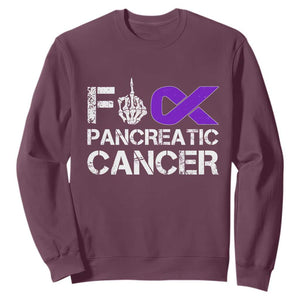 Fck Pancreatic Cancer Sweatshirt Purple Ribbon Skeleton Hand Graphic