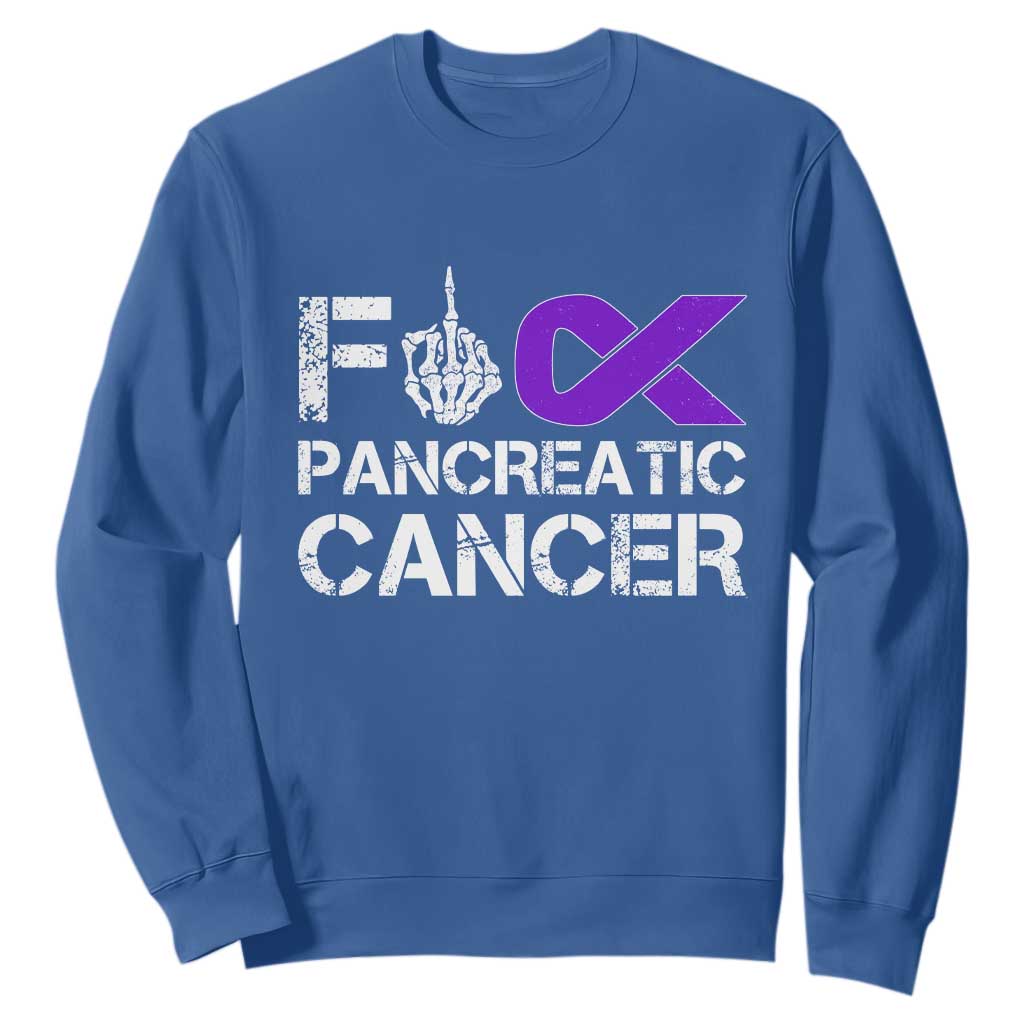 Fck Pancreatic Cancer Sweatshirt Purple Ribbon Skeleton Hand Graphic