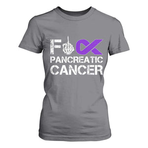 Fck Pancreatic Cancer T Shirt For Women Purple Ribbon Skeleton Hand Graphic
