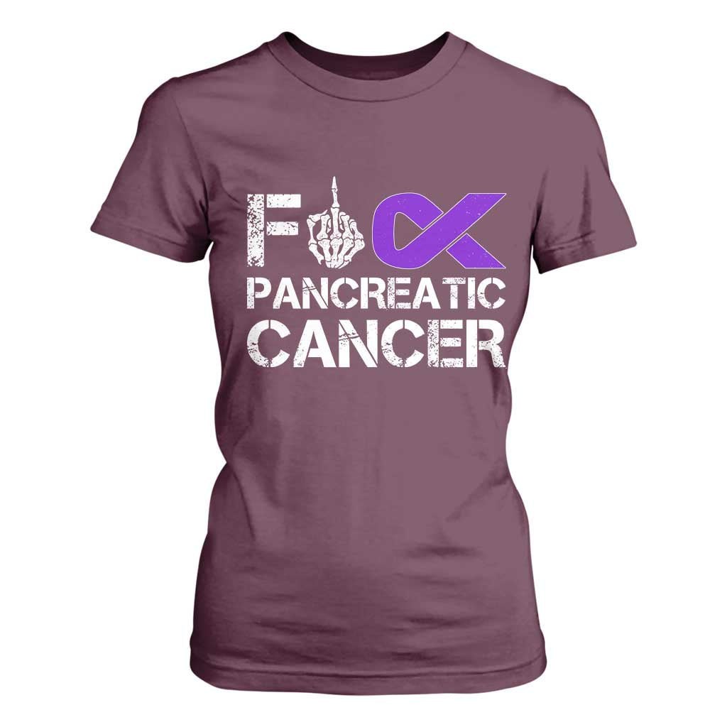 Fck Pancreatic Cancer T Shirt For Women Purple Ribbon Skeleton Hand Graphic