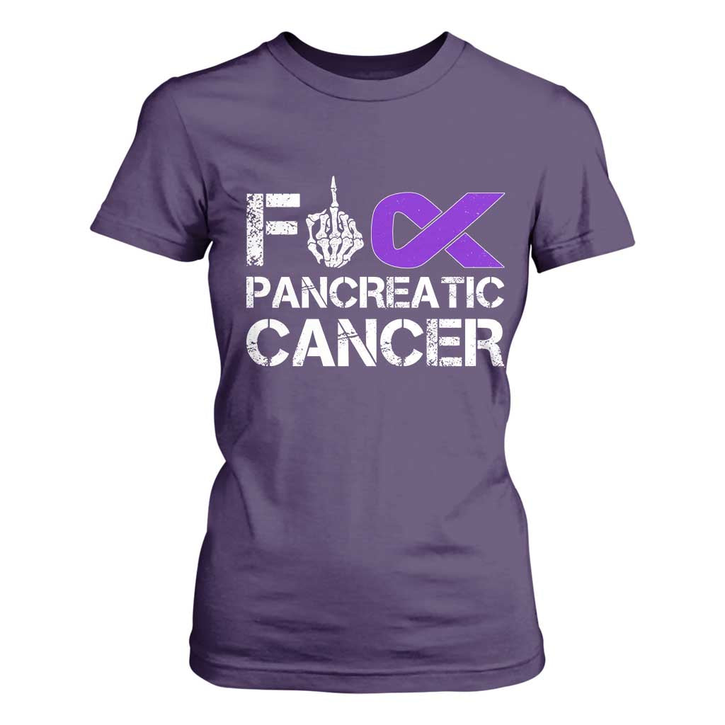 Fck Pancreatic Cancer T Shirt For Women Purple Ribbon Skeleton Hand Graphic