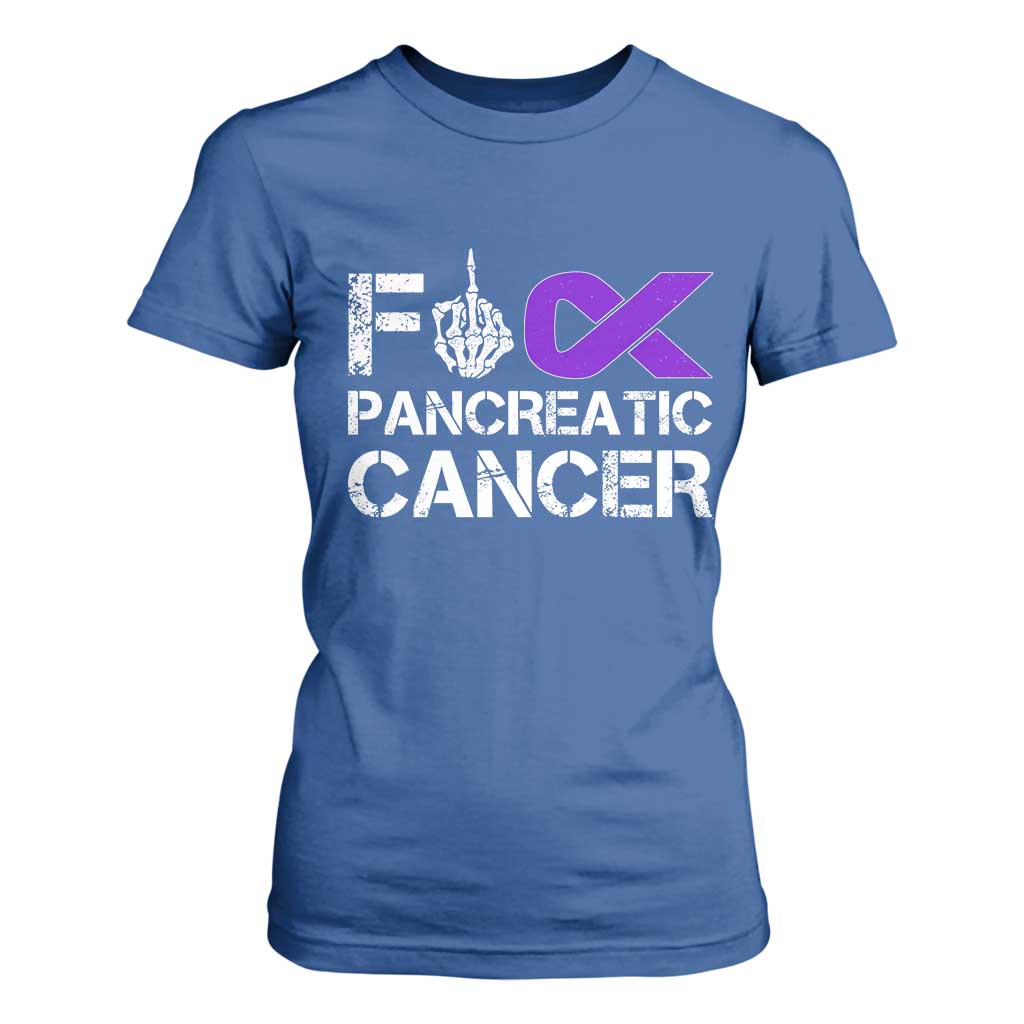 Fck Pancreatic Cancer T Shirt For Women Purple Ribbon Skeleton Hand Graphic