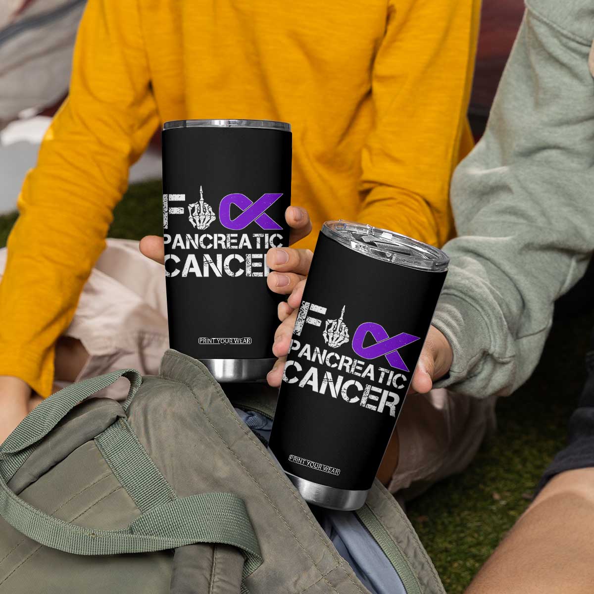 Fck Pancreatic Cancer Tumbler Cup Purple Ribbon Skeleton Hand Graphic