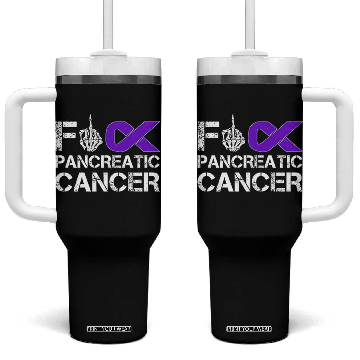 Fck Pancreatic Cancer Tumbler With Handle Purple Ribbon Skeleton Hand Graphic
