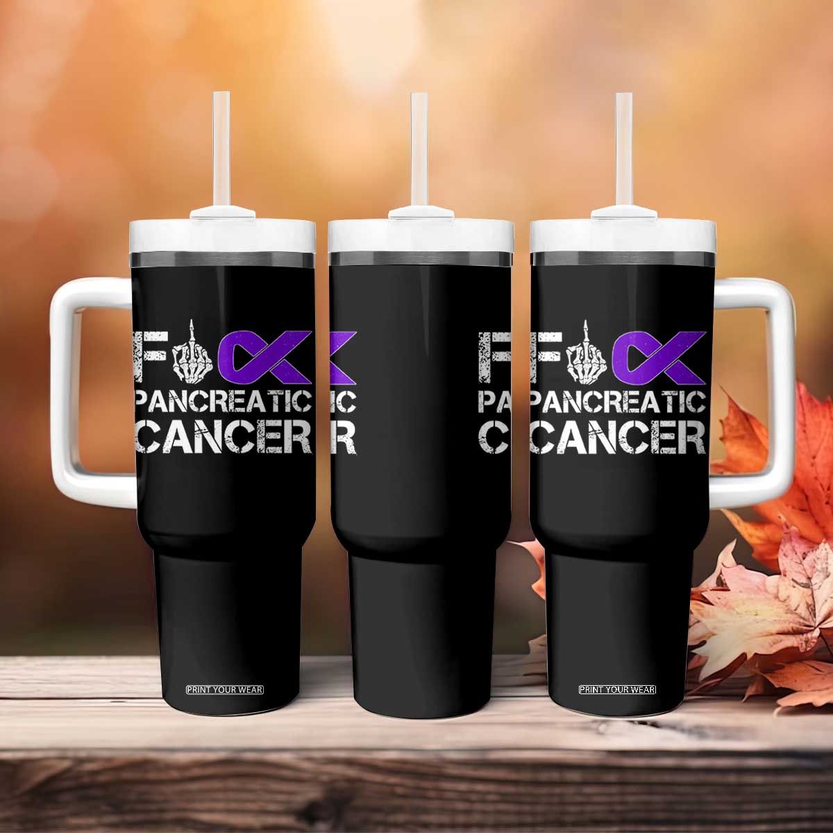 Fck Pancreatic Cancer Tumbler With Handle Purple Ribbon Skeleton Hand Graphic