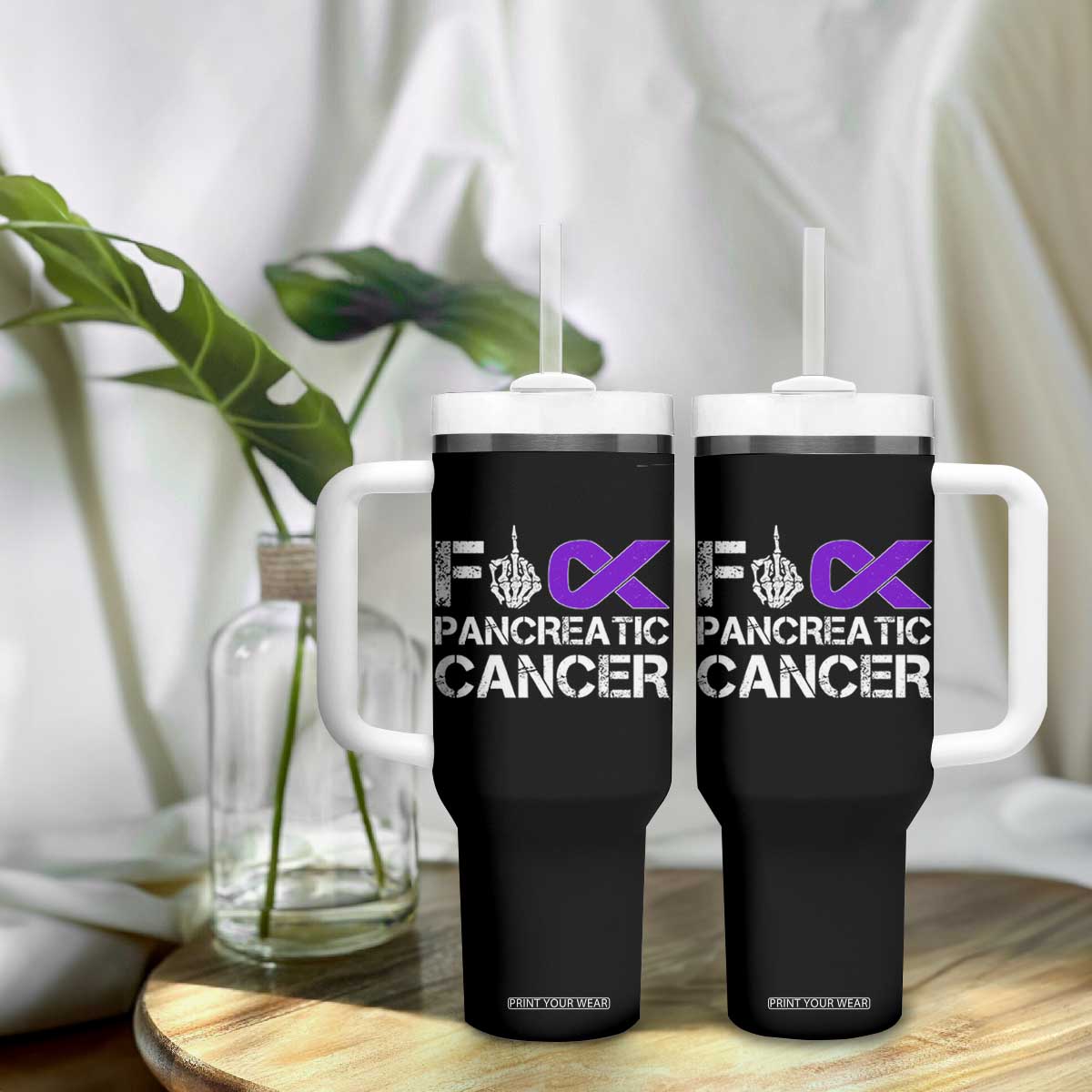 Fck Pancreatic Cancer Tumbler With Handle Purple Ribbon Skeleton Hand Graphic