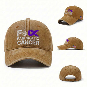 Fck Pancreatic Cancer Washed Cotton Baseball Cap Purple Ribbon Skeleton Hand Graphic