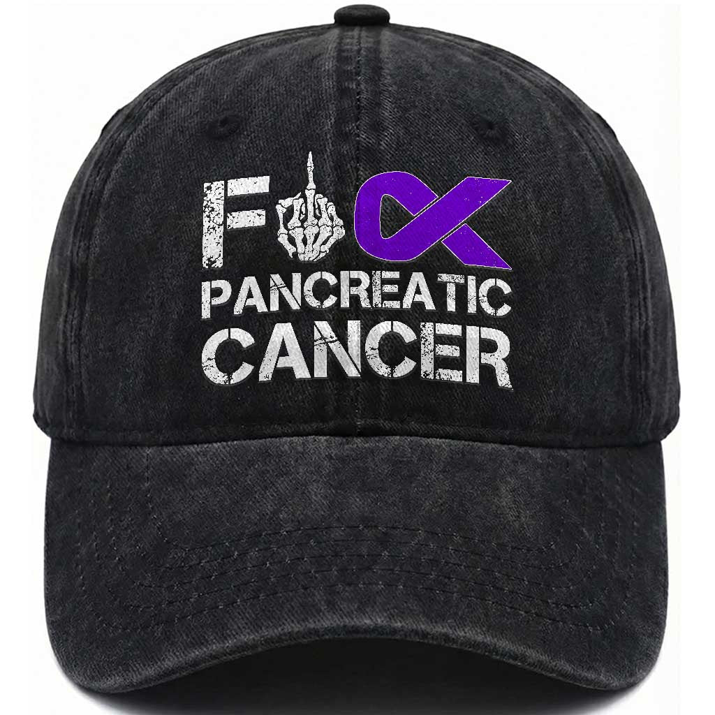 Fck Pancreatic Cancer Washed Cotton Baseball Cap Purple Ribbon Skeleton Hand Graphic TS10 Print Your Wear