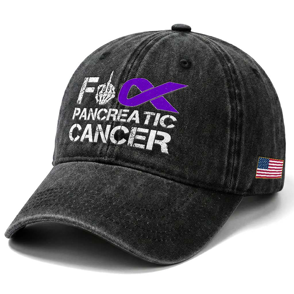 Fck Pancreatic Cancer Washed Cotton Baseball Cap Purple Ribbon Skeleton Hand Graphic