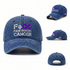 Fck Pancreatic Cancer Washed Cotton Baseball Cap Purple Ribbon Skeleton Hand Graphic