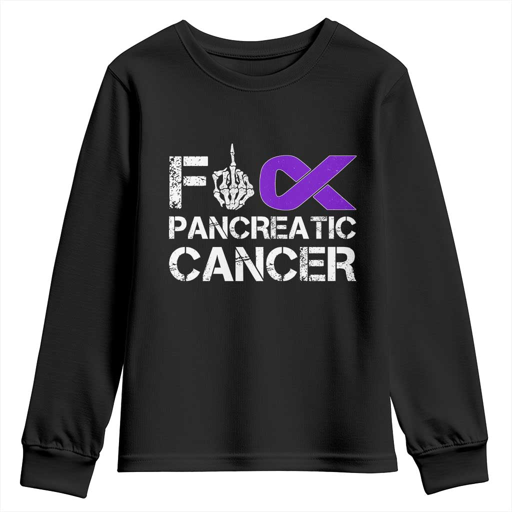 Fck Pancreatic Cancer Youth Sweatshirt Purple Ribbon Skeleton Hand Graphic TS10 Black Print Your Wear